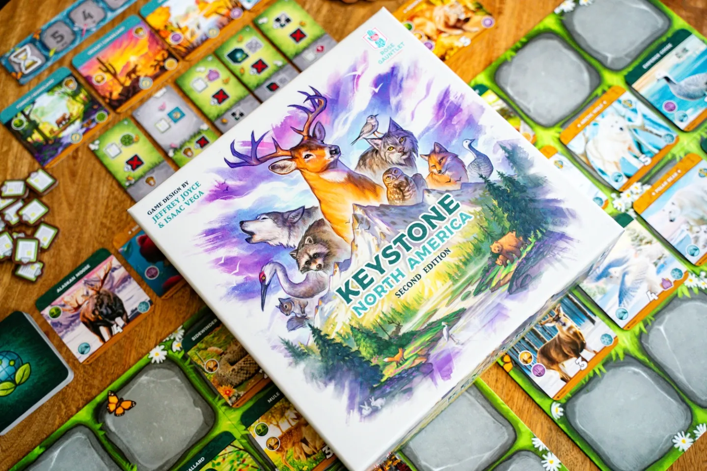 Keystone North America 2nd Edition box and cards laid out showing ecosystem board